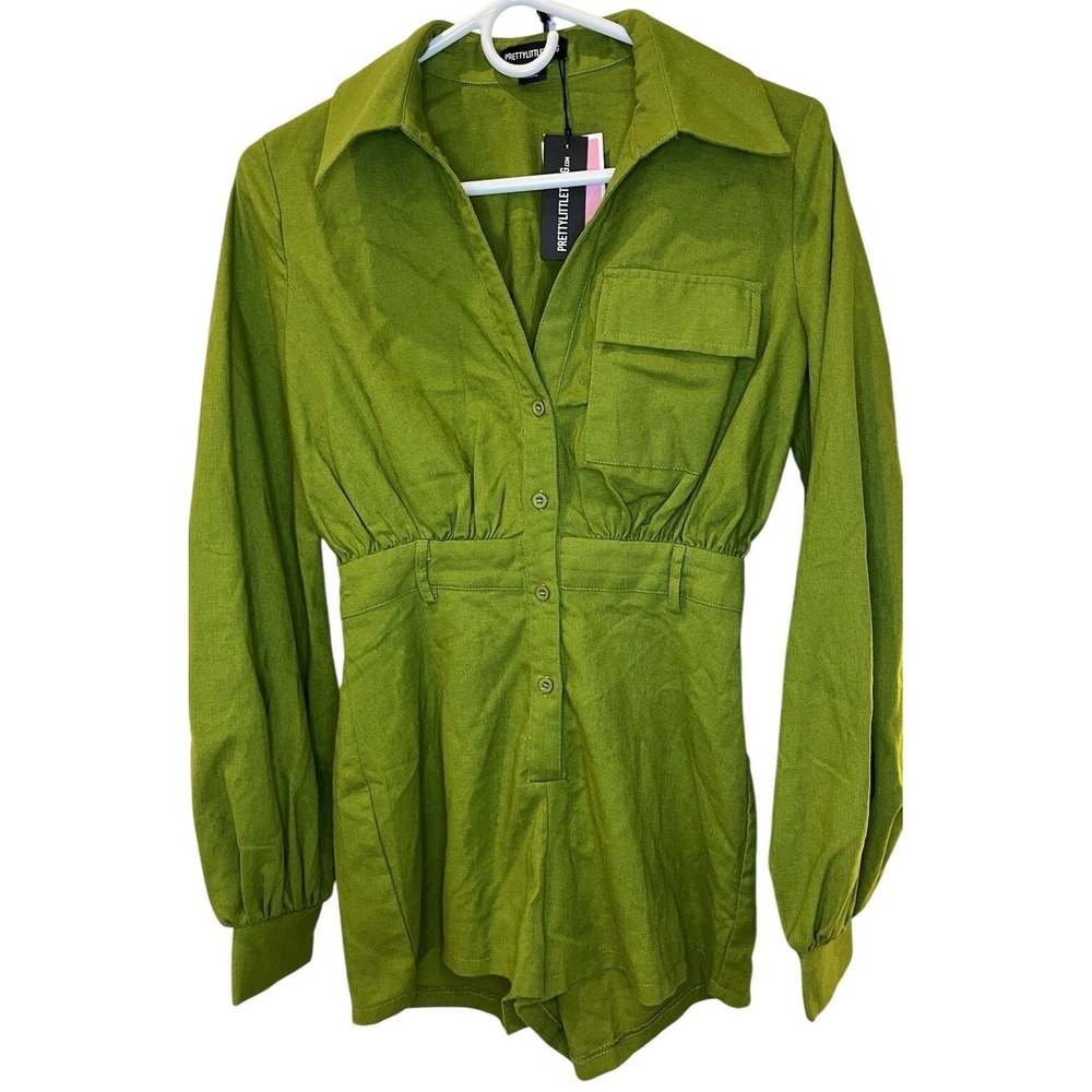 PrettyLittleThing NWT Lime Green Utility Romper‎ Womens 0 Button Front Safari